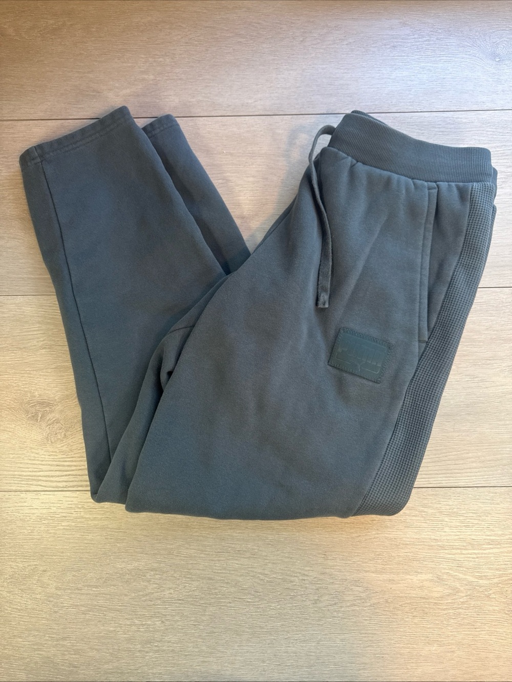Puma Men's Large Joggers Sweatpants Dark Teal Green Waffle Knit Side Trim Patch
